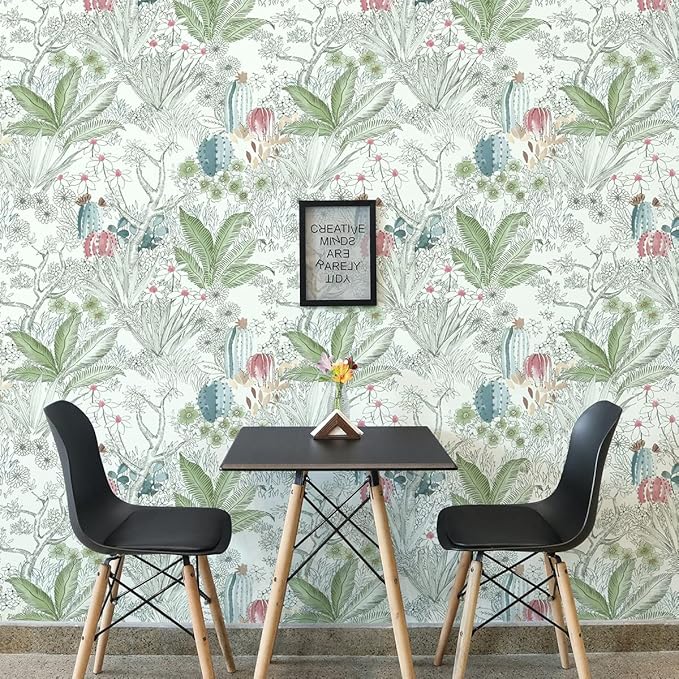 Wudnaye Boho Peel and Stick Wallpaper Catus Wallpaper 17.7" x 590.4"Vintage Floral Wallpapers Peel and Stick Botanical Removable Wall Paper Boho Self Adhesive Contact Paper for Bathroom Cabinets