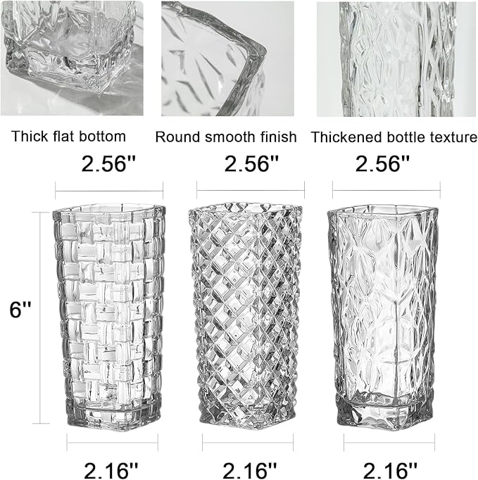 Clear Glass Vase for Flowers Esmiome Square Embossed Rectangle 6in High Glass Bud Vases Small Vase for Flowers Plant Terrarium Candle Holder Water Glasses for Wedding Centerpiece Office Table, Rhombus