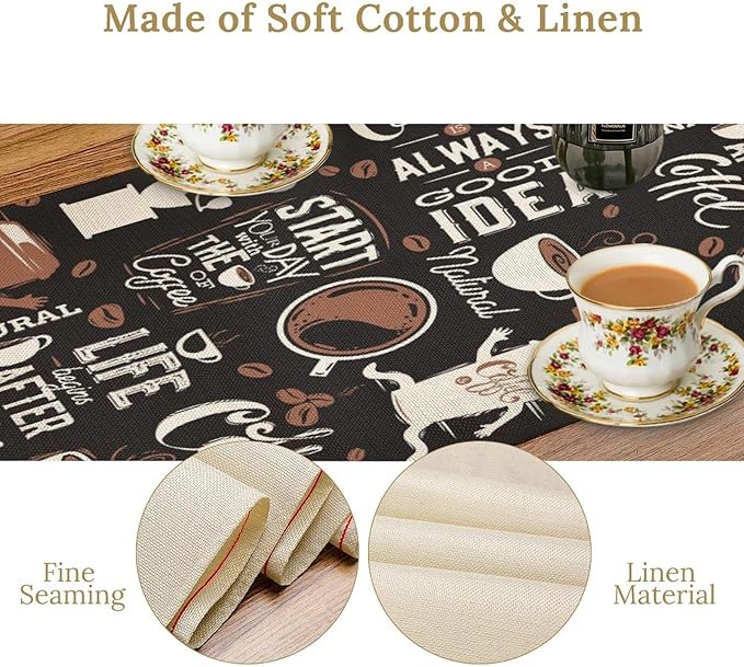 Coffee Theme Table Runner Coffee Time Retro Black Dress Scarves Farmhouse Dinner Runner for Kitchen Dining Coffee Table Decoration Cabin Home Holiday Party 13x36in