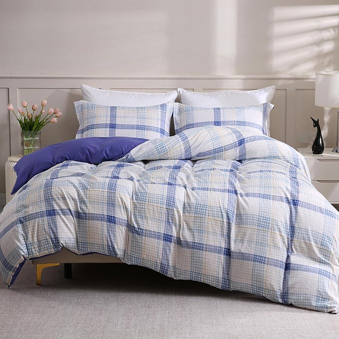 LONAVA Queen Plaid 3 Pcs Duvet Cover Set, Breathable Soft Microfiber Peri Lining Comforter Cover with Zipper Closure, and 2 Anti-Pilling, Fade Resistant Pillowcases, Blue Plaid