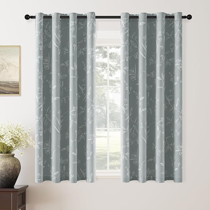 ChrisDowa Grey 100% Blackout Floral Curtains 63 Inches Long 2 Panels for Bedroom Living Room White Flower Patterned Room Darkening Thermal Insulated Soundproof Grommet Window Treatments Drapes,52X63