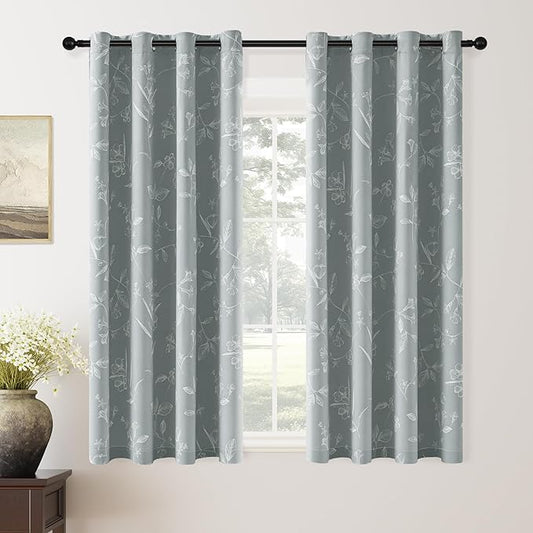 ChrisDowa Grey 100% Blackout Floral Curtains 63 Inches Long 2 Panels for Bedroom Living Room White Flower Patterned Room Darkening Thermal Insulated Soundproof Grommet Window Treatments Drapes,52X63