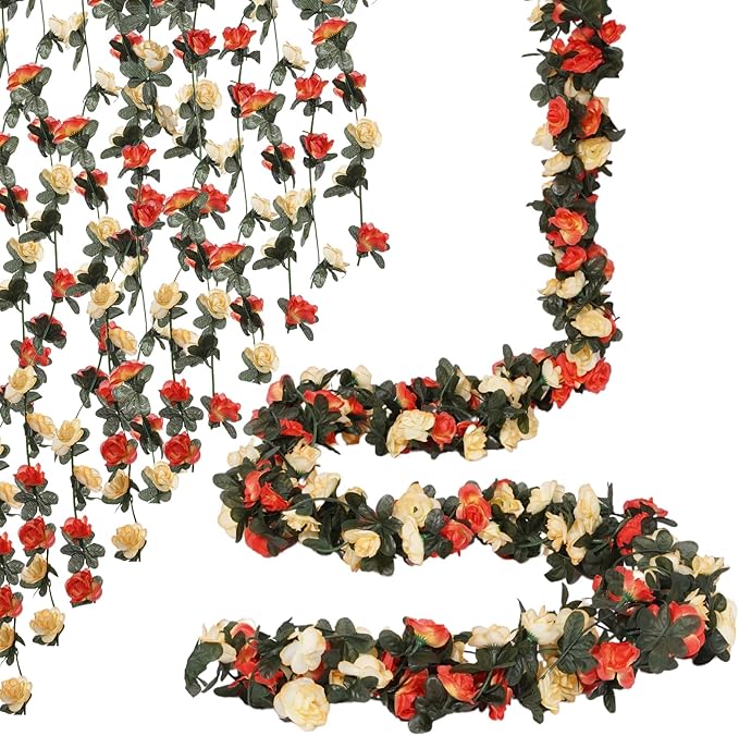 10 Pcs 82FT Flower Garland, Artificial Rose Garland Flowers Plants Fake Flower Hanging Rose Ivy, Birthday Party Valentine's Day Wedding Wall Arch Decor（Orange）