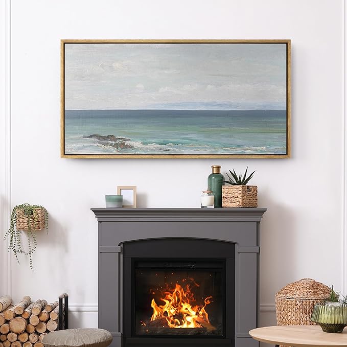 SIGNFORD Extra Large Framed Canvas Print Wall Art Peaceful Coastal Horizon Soft Seascape Illustrations Modern Art Relax/Calm Warm for Living Room, Bedroom, Office - 60"x30"