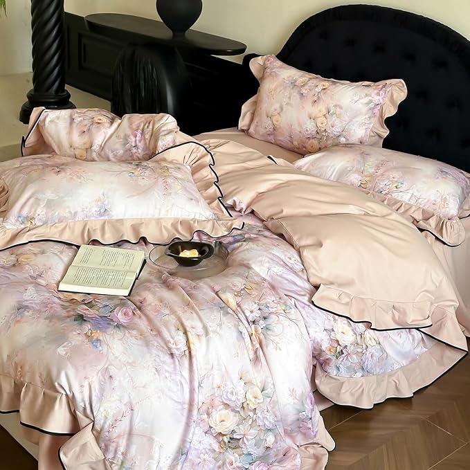 HighBuy Ruffle Floral Bedding Duvet Cover King,Durable Brushed Cotton Breathable Cottagecore Bedding Set for Women Girls,1 King 104"x90" Duvet Cover and 2 Ruffle Pillowcases