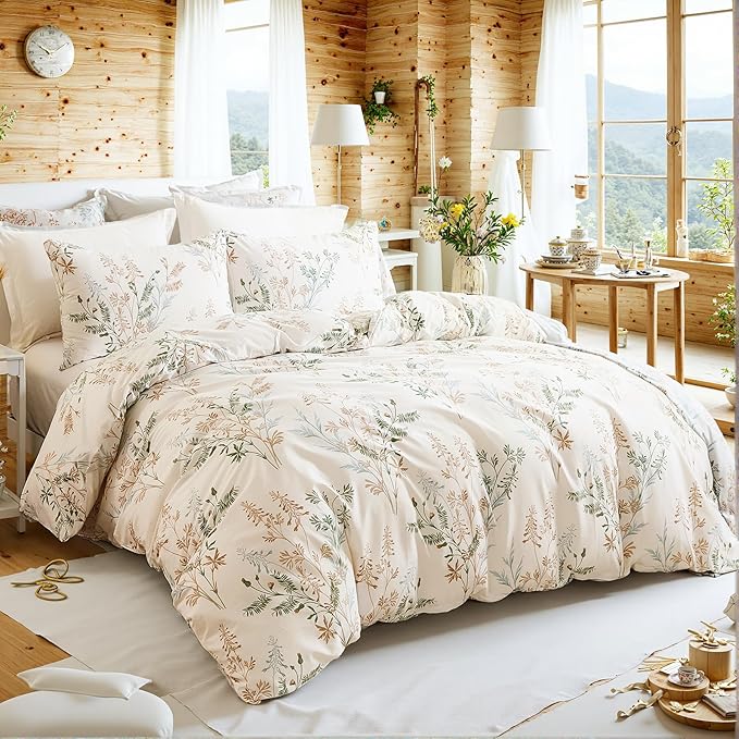 100% Cotton Duvet Cover Queen Size Ultra Soft Green Floral Comforter Cover with Luxurious Tan & Green Leaves on White, Reversible Lightweight Floral Duvet Cover Sets