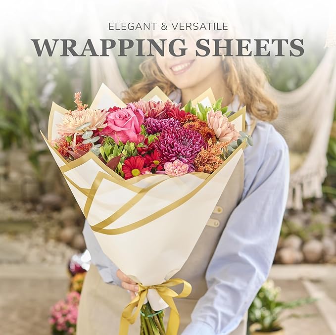 the florist Supply 20 Sheets Premium Flower Wrapping Paper | Waterproof Flower Wrapping Paper for Bouquets | Double Sided Floral Bouquet Sheets | DIY Gifts Borderline White/Gold