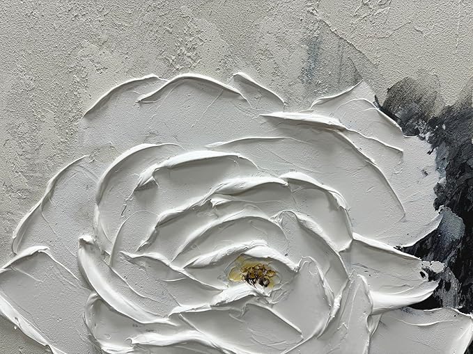 moshinart 24 x 36in Hand-Painted Oil Painting 3D Texture Black White Grey Modern Minimalist Black Abstract Wall Art, Home Office Wall Decoration Camellia