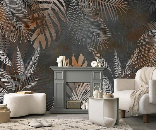 Tropical Leaf Wallpaper Mural Gray Botanical Leaves Floral Wall Mural for Bedroom Living Room (Not Self-Adhesive)