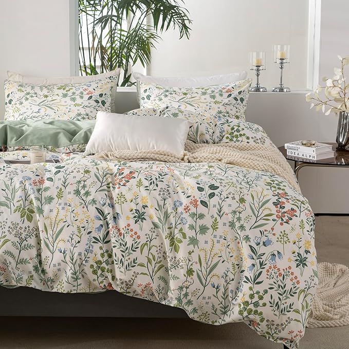 Floral Comforter Set Queen Soft Bedding Comforter Set 3 Pieces Garden Style Green Red Flower Print Botanical Flowers Comforter Set for All Seasons 1 Comforter and 2 Pillowcases (Floral, Queen)