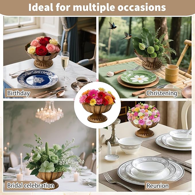 4 Pcs Metal Compote Bowl 7 Inch Compote Vases Indoor and Outdoor Fruits Bowl for Plant Christmas Wedding Flower Holder Centerpiece Home Party Decoration (Gold)