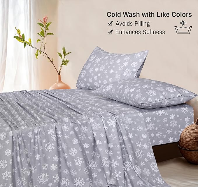 RUVANTI Flannel Sheets Full Size - 100% Cotton Double Brushed Bed Sheets Set, Deep Pockets 16 Inches, All Seasons Breathable & Extra Soft Full Sheets, Warm & Cozy, 4 Piece, Snowflakes