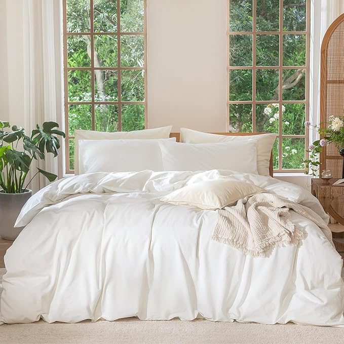 MooMee Bedding Duvet Cover Set 100% Washed Cotton Linen Like Textured Breathable Durable Soft Comfy (Solid Off White, Super King Plus 120"x120")
