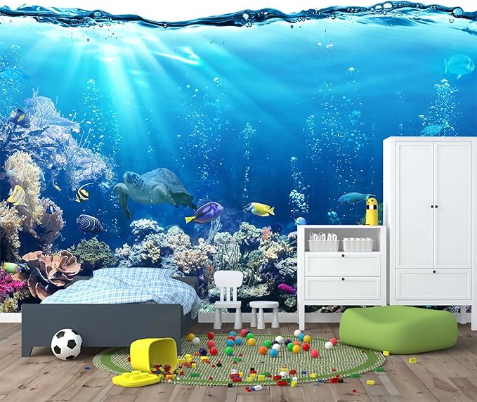 Blue Ocean Wallpaper Peel and Stick Underwater Animal World Self Adhesive Wall Mural for Kids Room Nursery 137"x100"