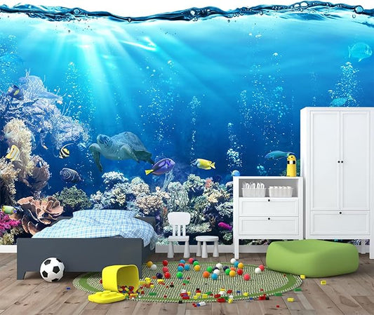 Blue Ocean Wallpaper Peel and Stick Underwater Animal World Self Adhesive Wall Mural for Kids Room Nursery 137"x100"