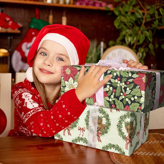 LeZakaa Vintage Christmas Floral Wrapping Paper Roll, Red White Poinsettia Flowers Leaves Classic Design, for Christmas, Winter Holiday, Family, Friends, Gift Wrapping, Mini Roll 17 in x 16.4 Ft
