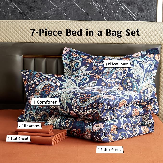 7 Piece Paisley Flower Comforter Set Bed in a Bag Set Queen Size Luxury Dark Blue Vintage Floral Boho Medallion Comforter Soft & Breathable Microfiber Bedding Set for Woman Adults