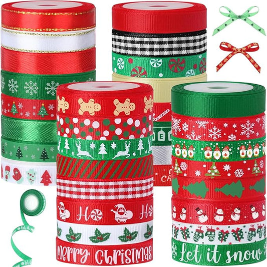 Solsew 32 Rolls 160 Yards Christmas Ribbon for Gift Wrapping 3/8 Inch Holiday Grosgrain Thin Ribbons for Crafts DIY Xmas Satin Decorations for Christmas Tree Gift Bows Scrapbooking Xmas Party Decor