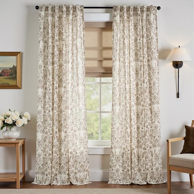 jinchan Linen Floral Curtains for Living Room with Printed Flower 96 Inches Long Light Filtering Farmhouse Window Treatment Vintage Drapes Back Tab Rod Pocket 2 Panels Taupe on Beige