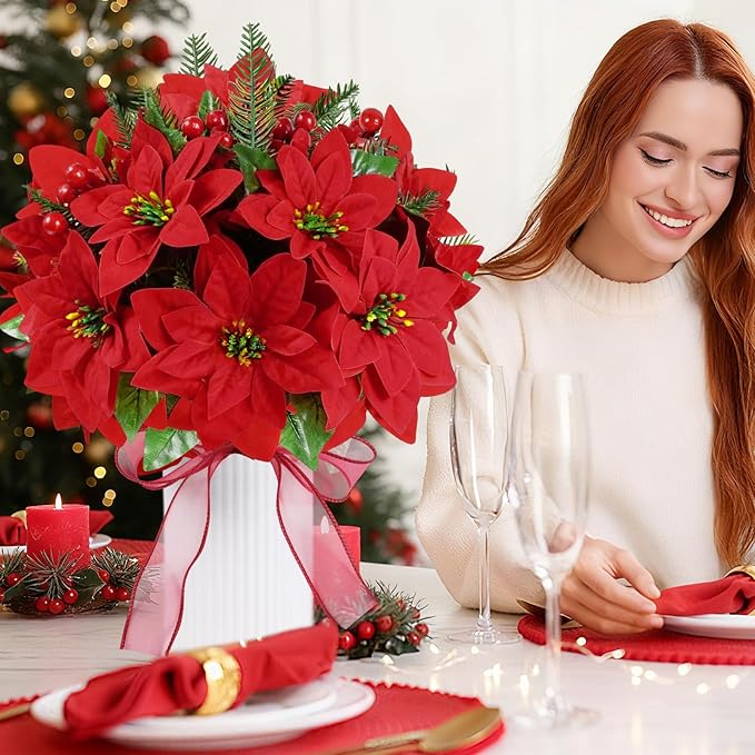 Poinsettia Christmas Decorations 6 Pack 7 Heads Artificial Poinsettia Flowers Bouquet 14 Inch Velvet Poinsettia Picks With Red Berry Stems Holly Leaves for Christmas Tree Vase Porch Home Garden Decor