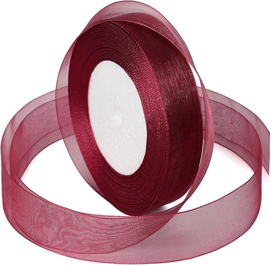 Burgundy Ribbon for Gift Wrapping, 1 inch 50Yard Sheer Organza Tulle Ribbon, Wine Red Gifts Wrap Chiffon Ribbons for Christmas, Mothers Day, Crafts, Flower Bouquet, Wedding, Valentines Day