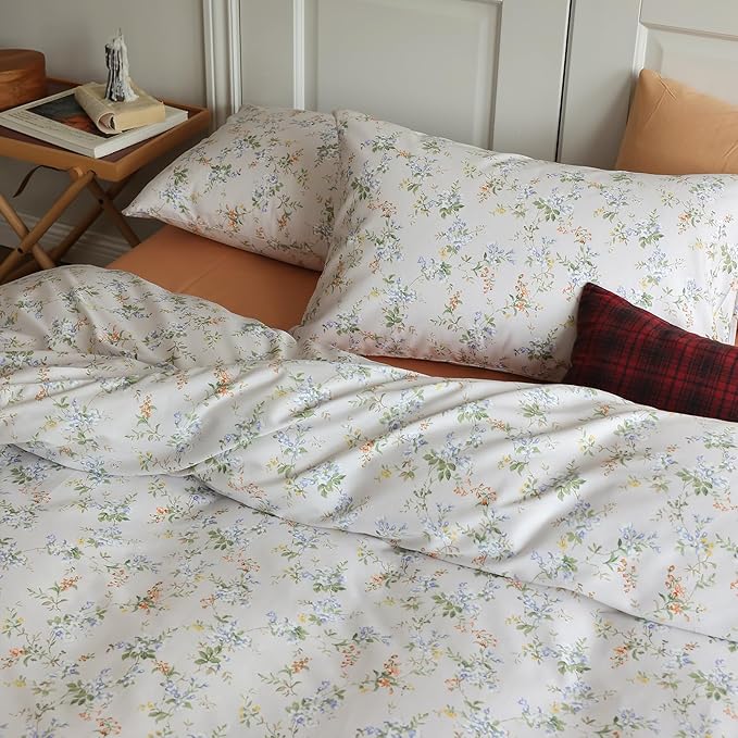 EAVD Vintage Style Garden Floral Duvet Cover Queen Soft Cotton Chic Shabby Floral Bedding Set with 2 Pillowcases Reversible Botanical Comforter Cover with Zipper Closure