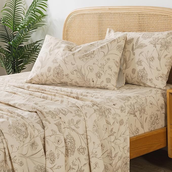 Zusbest King Size Sheets 100% Percale Cotton Beige Floral Bed Sheet Set, Brushed Extra Softness, Breathable Luxury Toile Flannel Sheets Like Khaki Flower Print Deep Pocket Bed Set 17.5'' 4 Pcs
