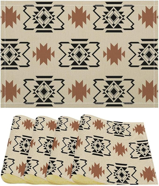 Aztec Placemats Set of 4 Boho Abstract Pattern Geometric Art Printed Dining Table Mats for Restaurant Home Kitchen Holiday Decor 12x18in