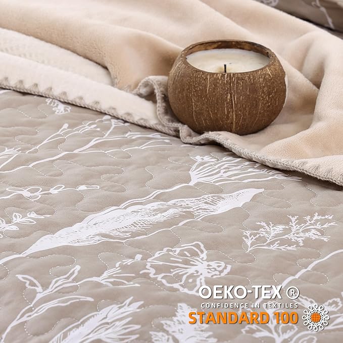 JANZAA Quilts Queen Size Oatmeal Bed Spread with White Floral Pattern Botanical Microfiber Quilts Set Lightweight Comforter 3 Pieces Reversible Bedding Set (1 Queen Quilt and 2 Pillow Cases)