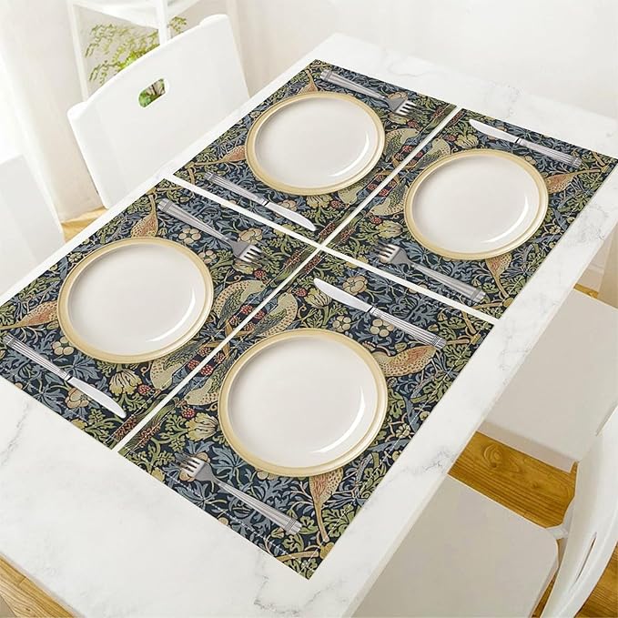 William Morris Floral Placemats Set of 4, Vintage Flower Strawberry Birds Place Mats, Heat Resistant Non Slip Cotton Linen Dining Table Mats for Home Kitchen Party 18x12 Inch