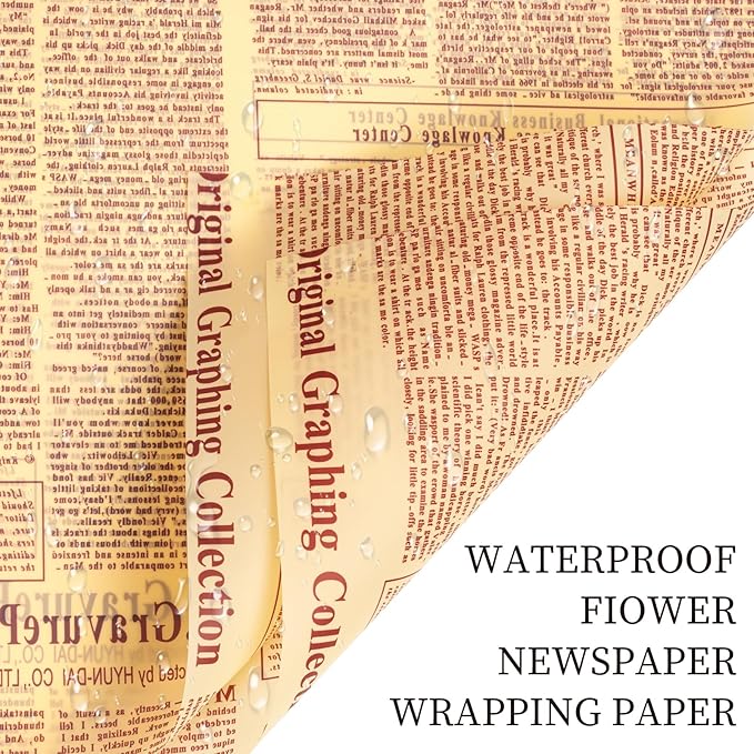 LeZakaa 20 Sheets Newsprint Flower Wrapping Paper, Waterproof Floral Bouquet Paper, Red Tan-colored Newsprint Design for Valentine's Day, Mother's Day, Birthday, Bridal Shower, Wedding, Baby Shower