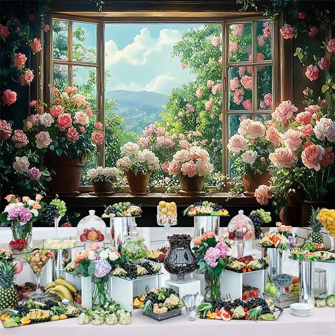 Baocicco 20x10ft Flowers Windowsill Photography Background Spring Floral Retro Oil Painting Photo Backdrop for Valentines Mothers Day Birthday Wedding Party Decorations Girls Women Portraits