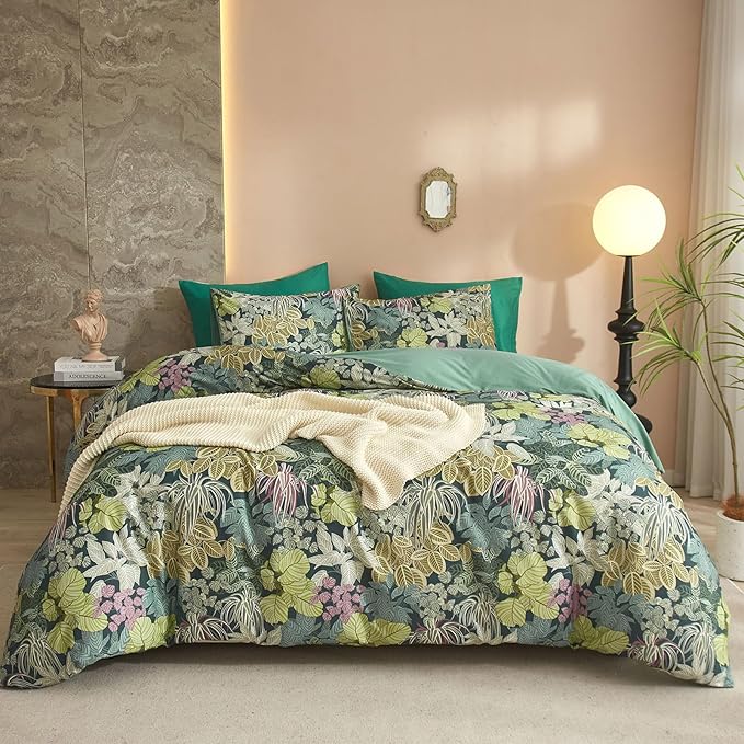 EAVD Tropical Leaves Duvet Cover King Soft Cotton Chic Plant Green Leaf Pattern Bedding Set with 2 Pillowcases Fresh Botanical Leaves Comforter Cover with Zipper Closure