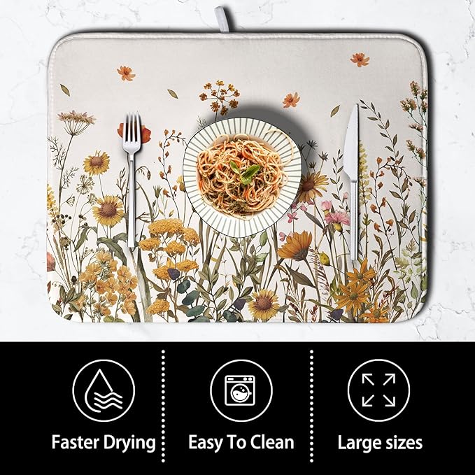 Fall Floral Dish Drying Mat for Kitchen Counter Autumn Burnt Orange Wild Flowers Dish Draining Mat Absorbent Microfiber Dishes Pad Washable Dish Drainer Rack Mat Medium 16"x18"