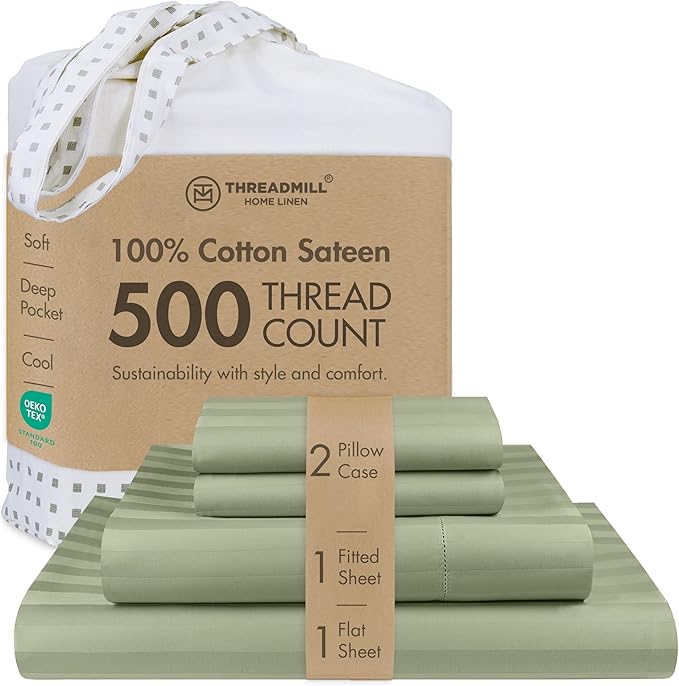 Threadmill 500 Thread Count Queen Size Damask Stripe, 4 Pc Luxury Cotton Bedding Set, Silky Smooth Sage Green Sheets with 16" Elasticized Deep Pocket, 2 Pillowcases & Free Tote Bag