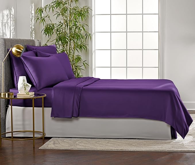 Pure Bamboo King Sheets, Genuine 100% Organic Viscose Derived from Bamboo Bed Sheet Set, Luxuriously Soft & Cooling, Double Stitching, 2 Year Quality Promise (King, Purple)
