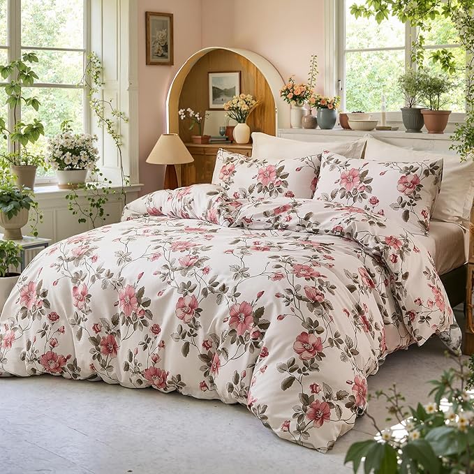 Bedding_Dreamer Floral Comforter Set 100% Cotton Comforter Sets King 3pcs Vintage Boho Cottagecore Floral Bedding Ultra Fluffy Soft Reversible Lightweight All Seasons