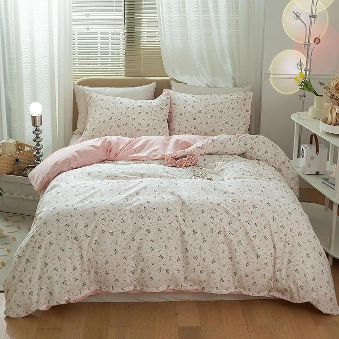 LifeTB Pink Floral Duvet Cover Queen Girls Cute Flower Pattern Duvet Cover 100% Cotton Vintage Country Bedding Cottagecore Comforter Cover with 2 Pillowcases Breathable Flower Bedding Set
