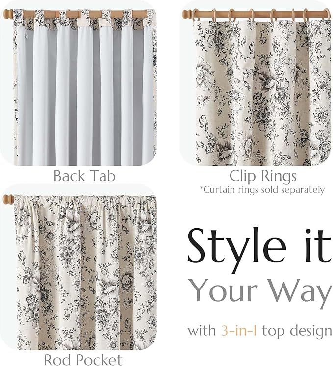 jinchan Blackout Linen Blend Curtain Floral Blackout Curtains for Living Room 96 Inch Length Black Printed with Lined Blackout Curtain for Bedroom Farmhouse Curtains Set 2 Panels