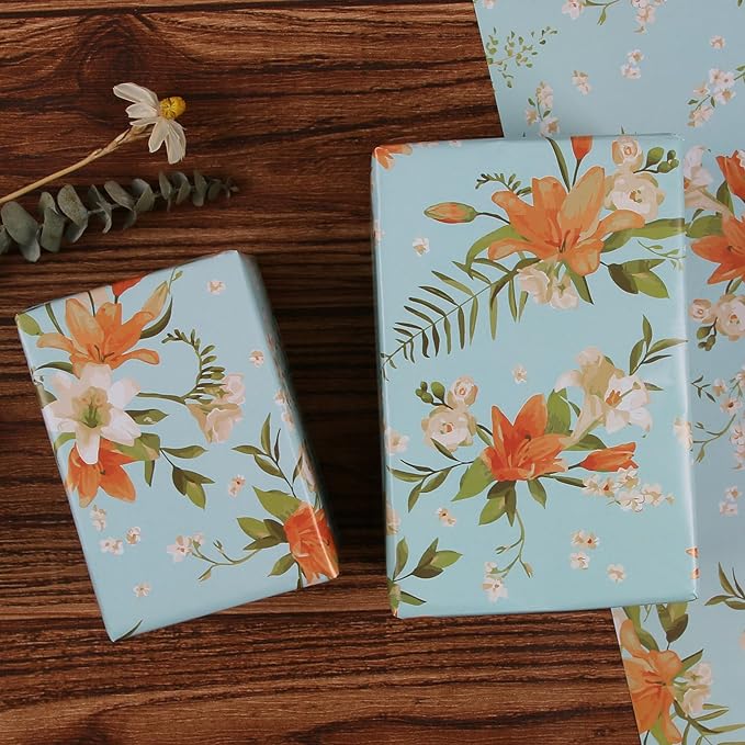 Aimyoo Blue Floral Wrapping Paper Jumbo Roll 17 in x 60 ft, Daylily Flower Gift Wrap for Wedding Birthday Bridal Shower