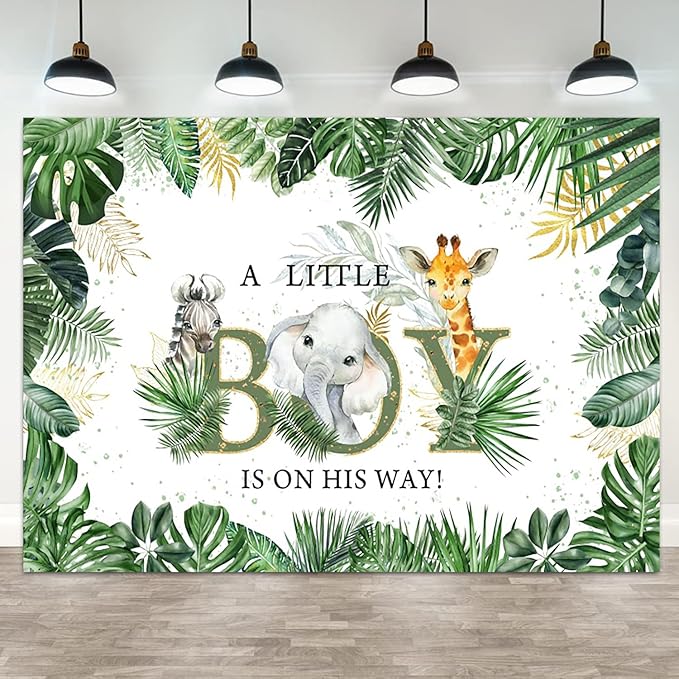 15x8ft Baby Shower Backdrop A Little Boy is On His Way Photography Background Jungle Animals Elephant Giraffe Green Gold Leaves Kids Party Banner Decorations Newborn Parties Photo Booth Prop