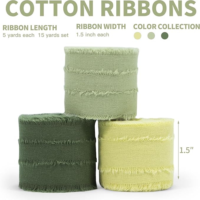 Keypan Spring Green Ribbon 1-1/2 Inch x 15 Yards Handmade Cotton Frayed Fringe Fabric Ribbons for Crafts Flower Bouquets Wedding Christmas Tree Home DIY Decor