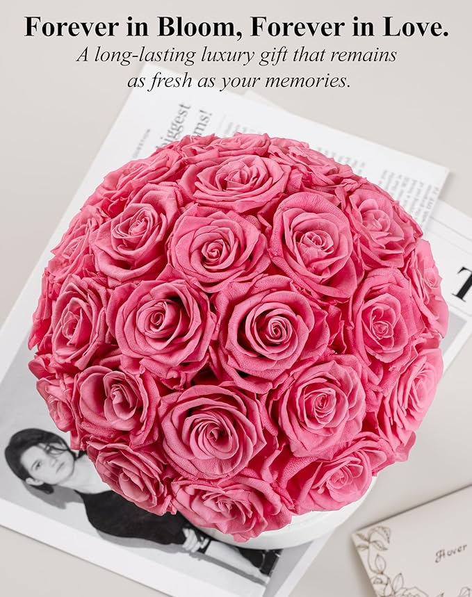 27 Forever Roses Dome in White Box, Eternal Real Roses Gifts for Women, Preserved Flowers for Delivery Prime, Anniversary, Valentine's Day, Christmas, Birthday for Her (Pink)