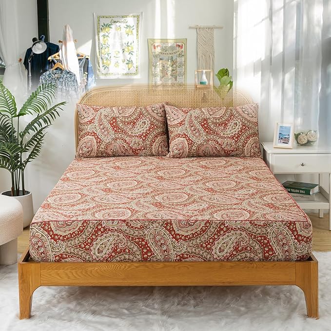 Zusbest King Size Sheets 100% Cotton Burgundy Red Paisley Patterned Bed Sheet Set Luxury Soft Breathable Crispy Cooling Percale Printed Deep Pocket Boho Bed Set 17.5 Inches, 4 Pieces