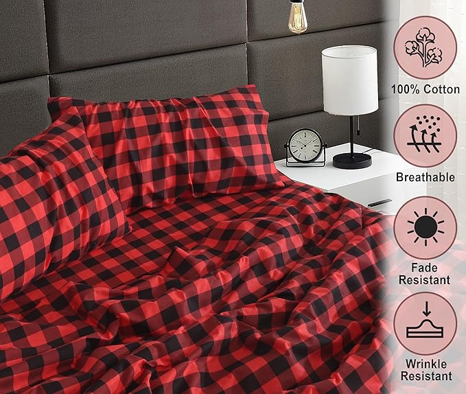 RUVANTI Flannel Sheets Twin XL Size - 100% Cotton Double Brushed Twin XL Sheet Sets, Deep Pockets 16 Inches, All Seasons Breathable & Extra Soft Bed Sheets, Warm & Cozy, 3 Piece, Red & Black Plaid