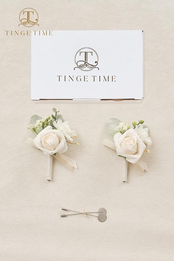 TINGE TIME Boutonniere for Men Wedding,Groom and Best Man Boutonniere for Wedding Ceremony Anniversary, Formal Dinner Party and Rustic Spring Wedding Marriage (2, Champagne)