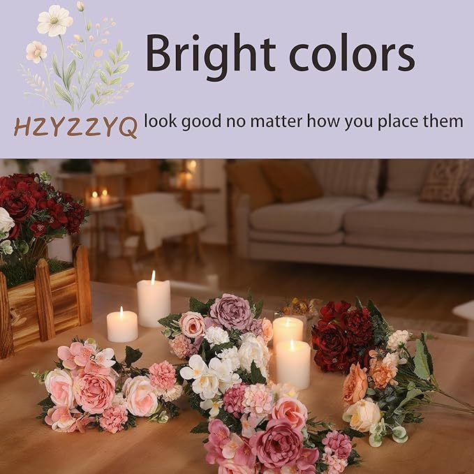 8 Pack Artificial Peony Flowers, Silk Peonies Flowers Fake Peonies Artificial Flowers Peonies Hydrangea Bouquet for Centerpiece Table Wedding Party Home Decor (8, Rose + Pink)