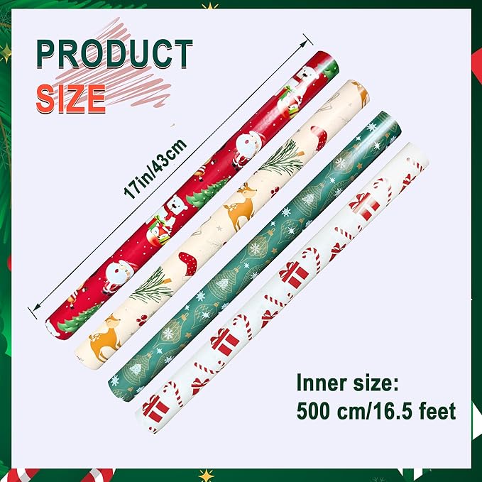4 Rolls Christmas Wrapping Paper, 17 Inch x 16.5 Feet per Roll, Totaling 94 sq. ft. – Teal Ornaments, Cream Reindeer Mittens & Skates, Red Santa with Trees, White Gifts & Candy Canes – Eco-Friendly Durable Coated Paper Gift Wrap