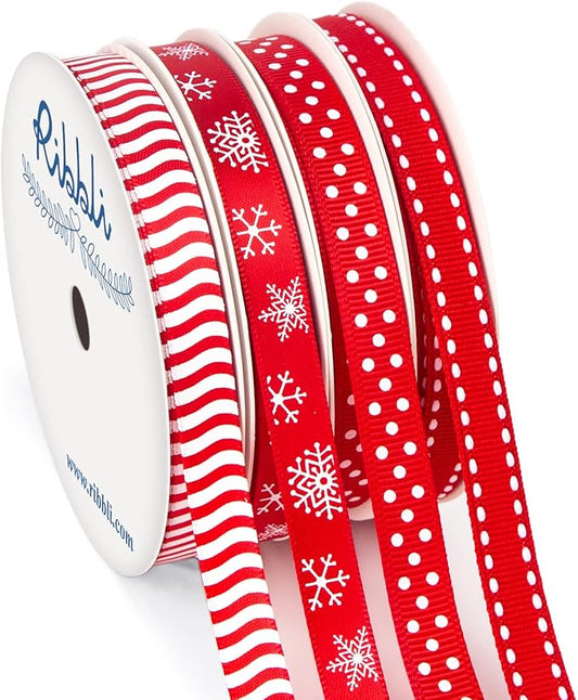 Ribbli Christmas Ribbon,Red and White Candy Cane/Snowflake/Polka Dots/Stitch Ribbon for Christmas Craft,Gift Wrapping,Home Decor,3/8 Inches Total 35 Yards,Red/White