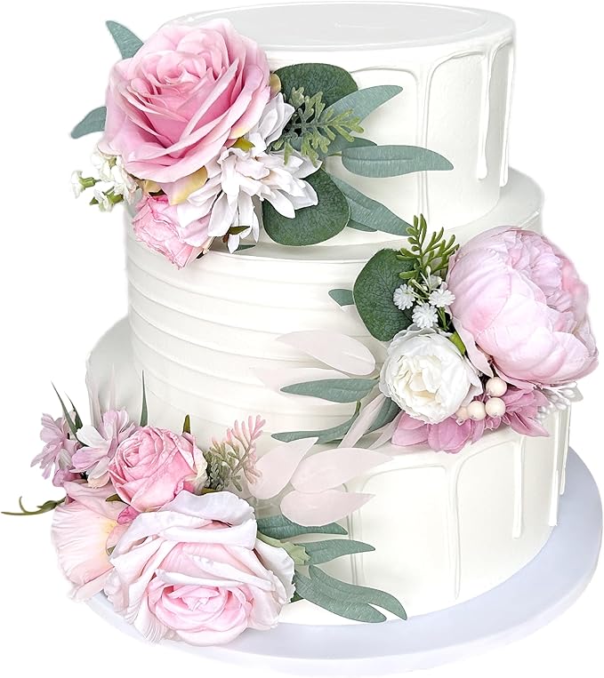 Pre-Made Blush Pink Silk Flowers for Cakes Decorations Pastel Light Pink Artificial Rose Peony Wedding Cake Toppers Decorating Fake Floral Anniversary Birthday Party Arrangements Table